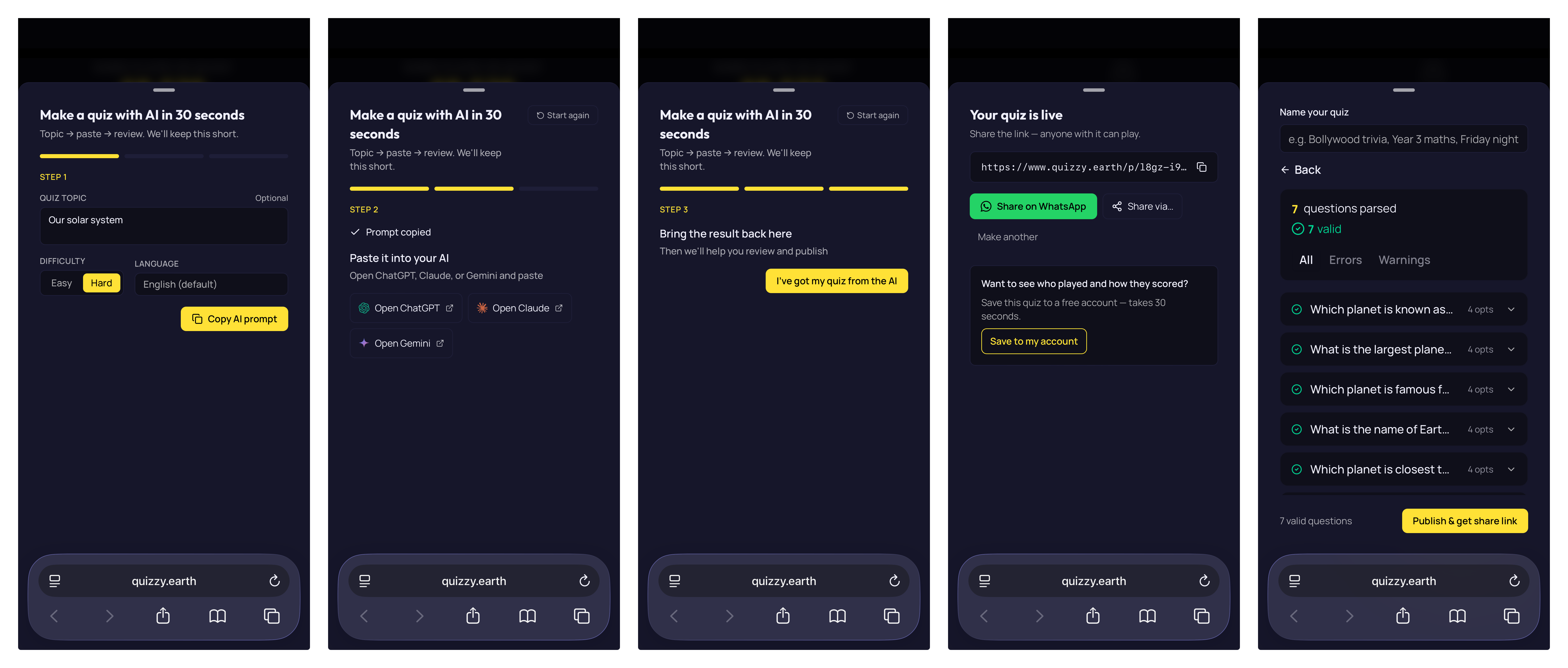 End-to-end in Quizzy: fill in topic, difficulty, and language; copy the generated prompt; paste into an AI; paste the response back; watch the quiz appear