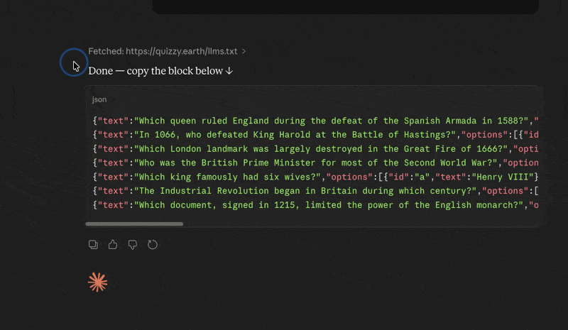 A user dragging across an AI response, selecting the preamble and trailing chatter along with the JSON, then pasting all of it into Quizzy and still getting a clean quiz