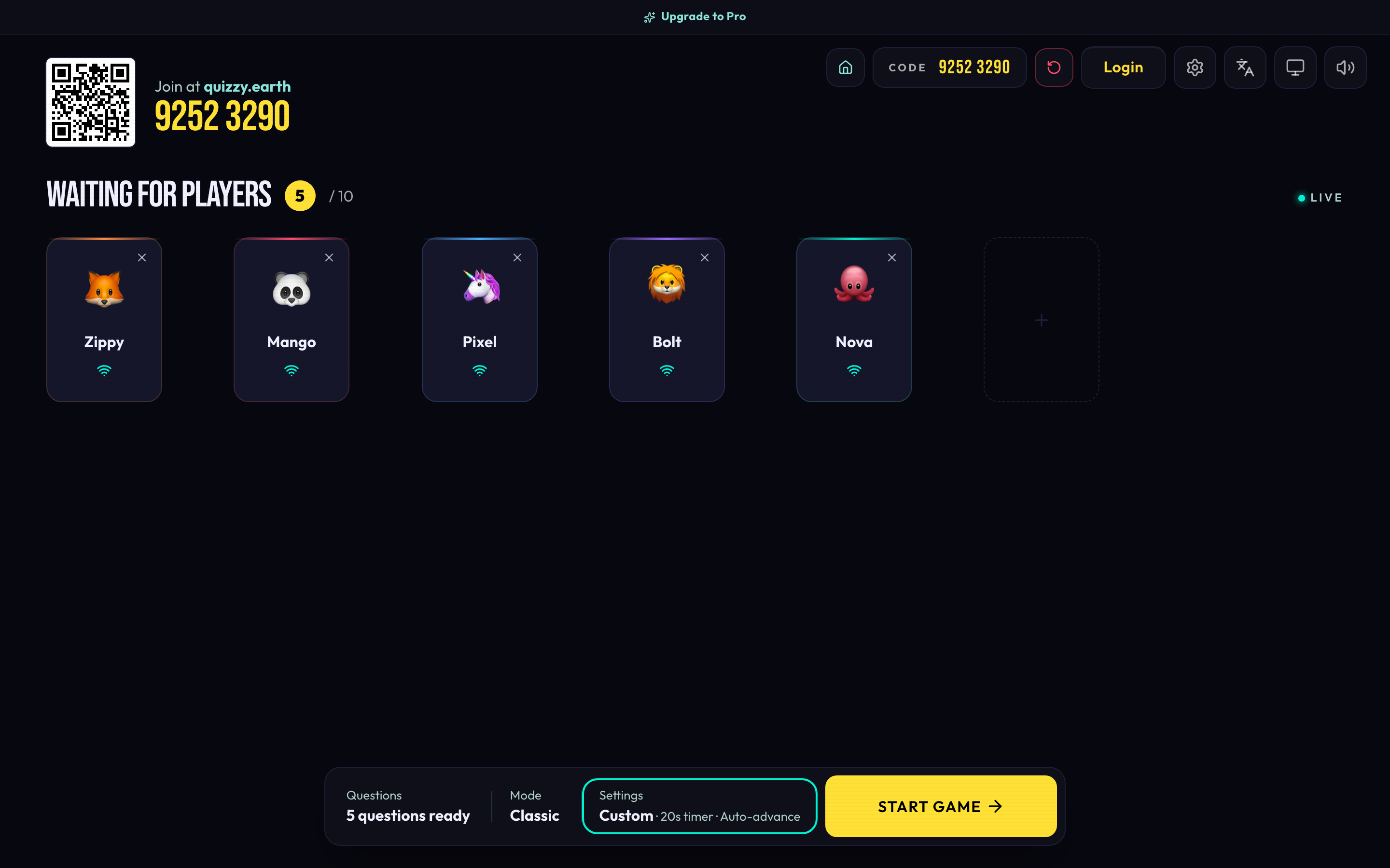 Quizzy’s host lobby on a laptop, showing a QR code, the game code and the players who have joined.