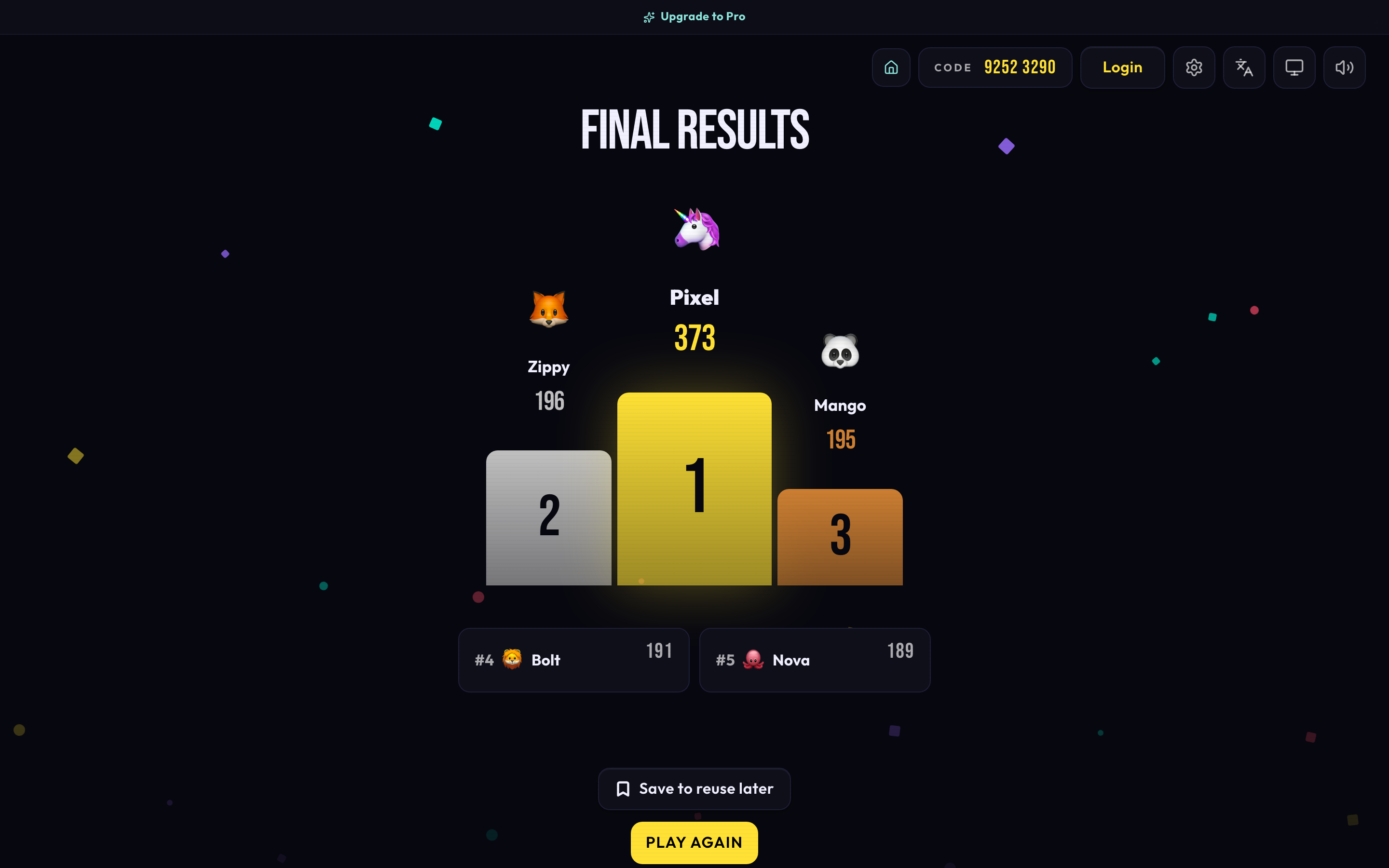 Quizzy’s end-of-game podium showing the top three players.