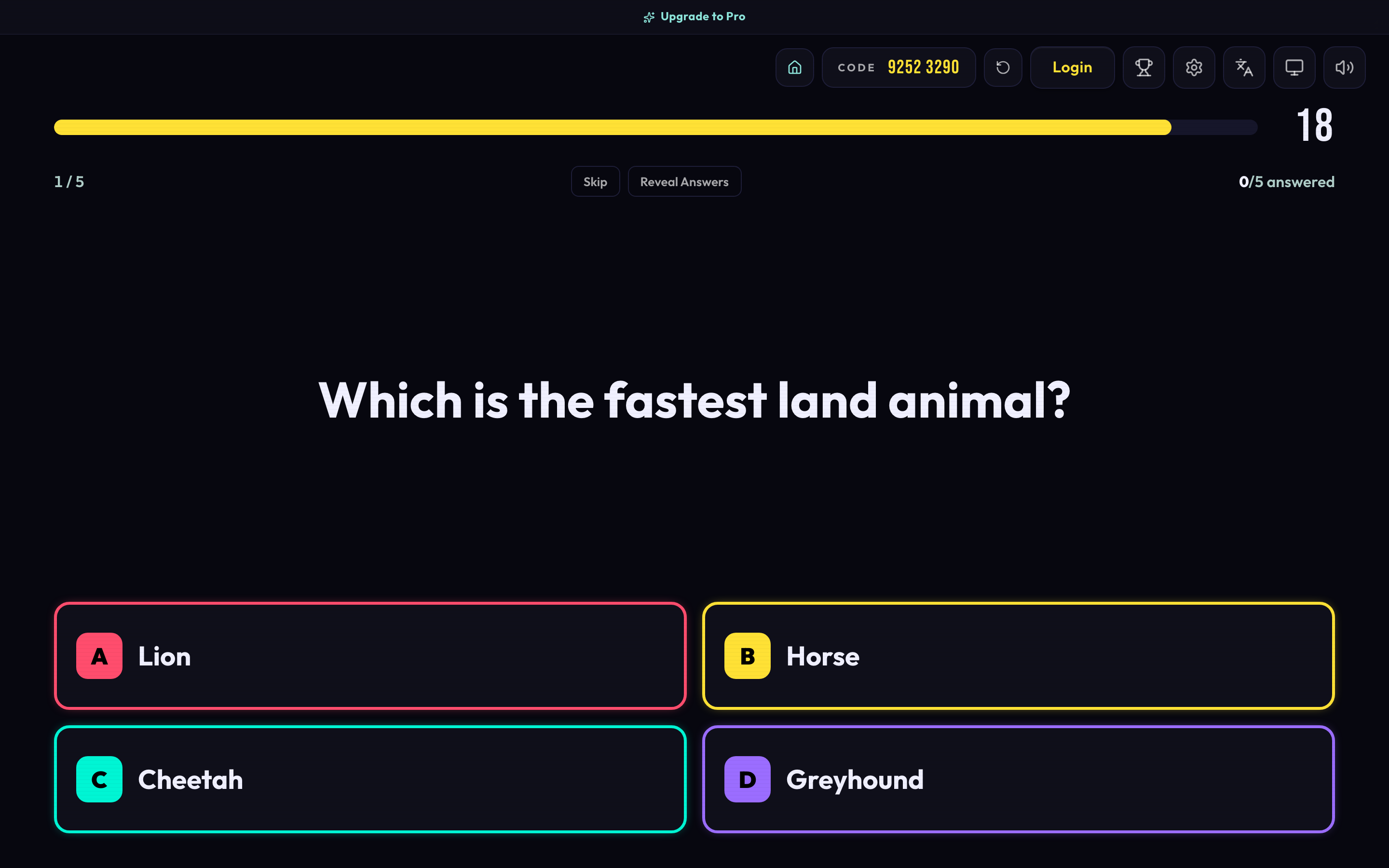 A multiple-choice question on Quizzy’s host screen with four coloured answers and a countdown.