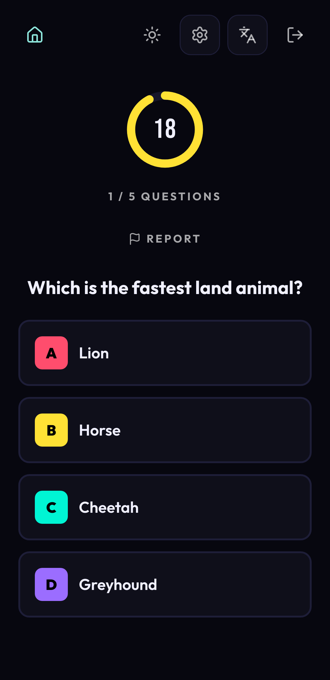 Quizzy on a phone, showing four large coloured answer buttons.