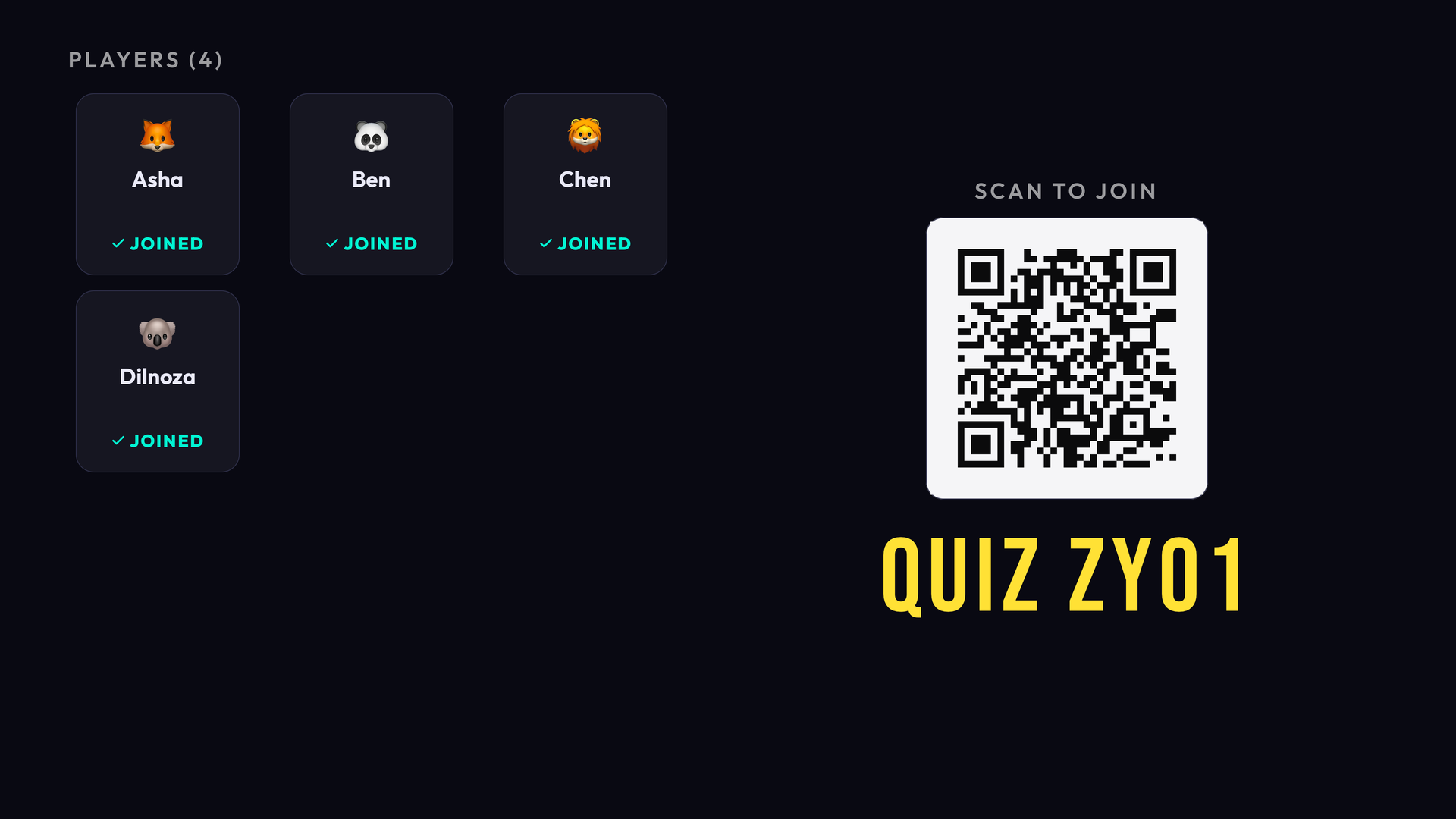 The Quizzy TV app's lobby on a television, showing the join code and QR code.