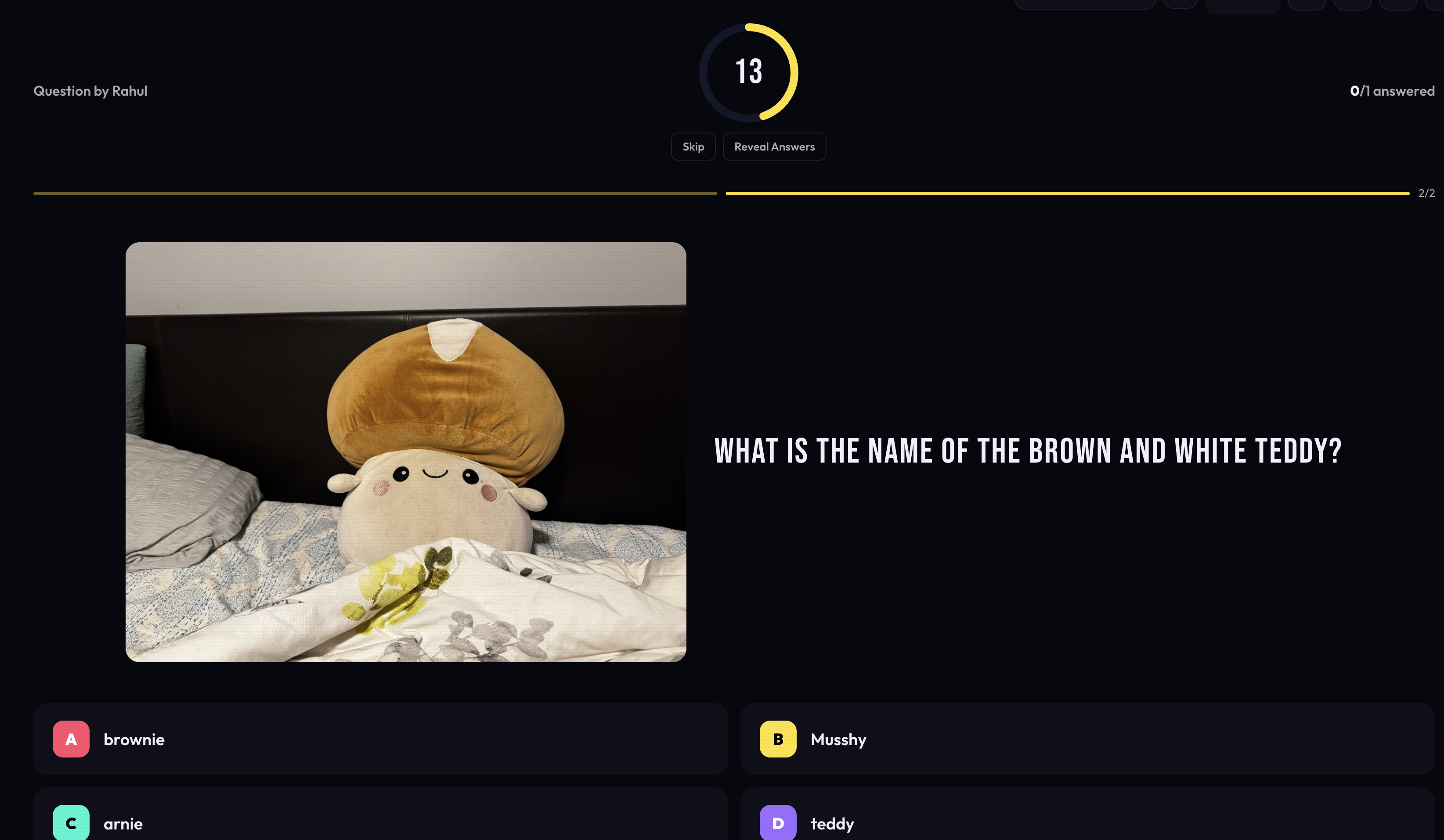 A Quizzy.earth question reading: What is the name of the brown and white teddy?