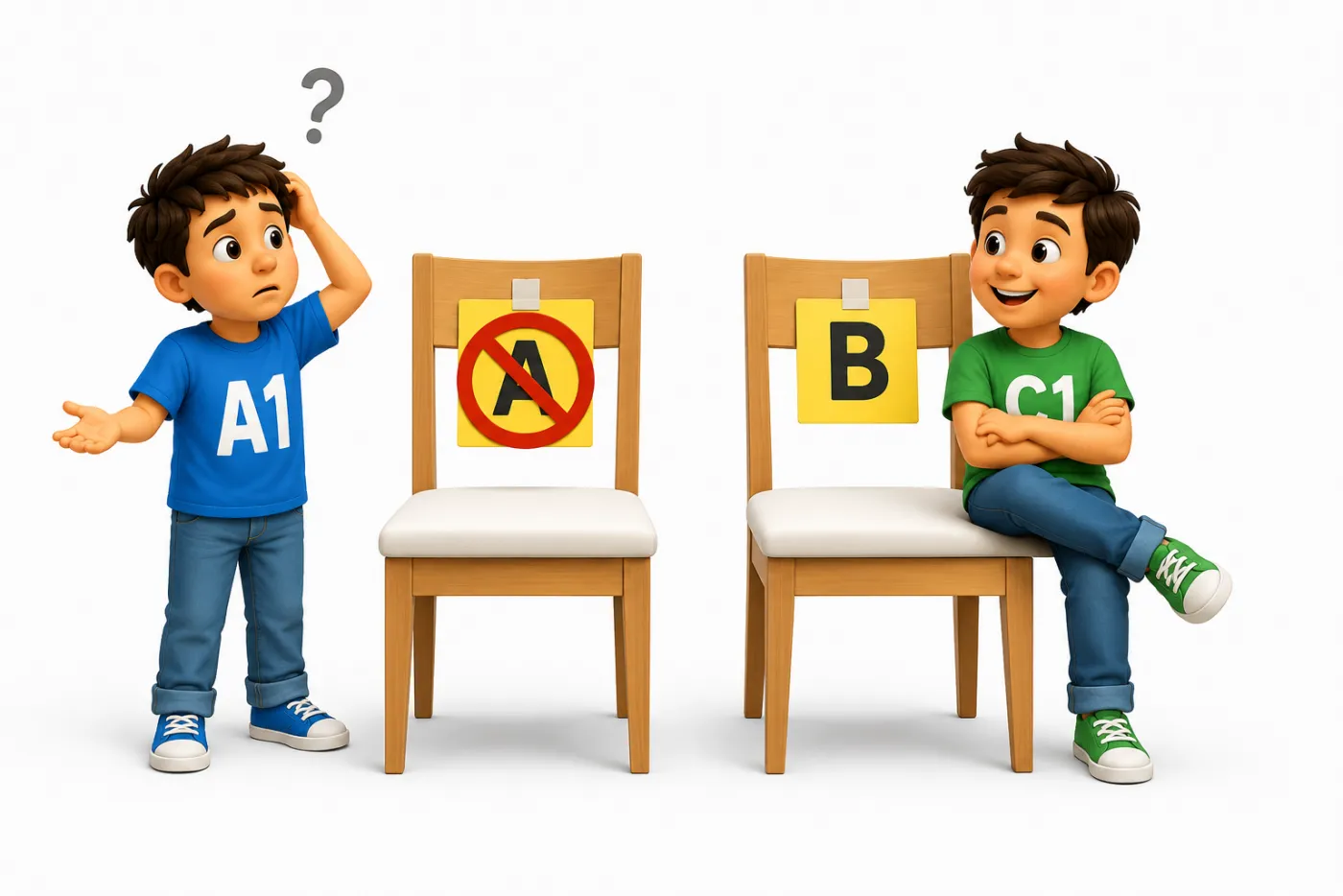 Cartoon illustration: a puzzled boy from Group A can't take the chair marked with a crossed-out A, while another boy has already taken the only other chair, B.