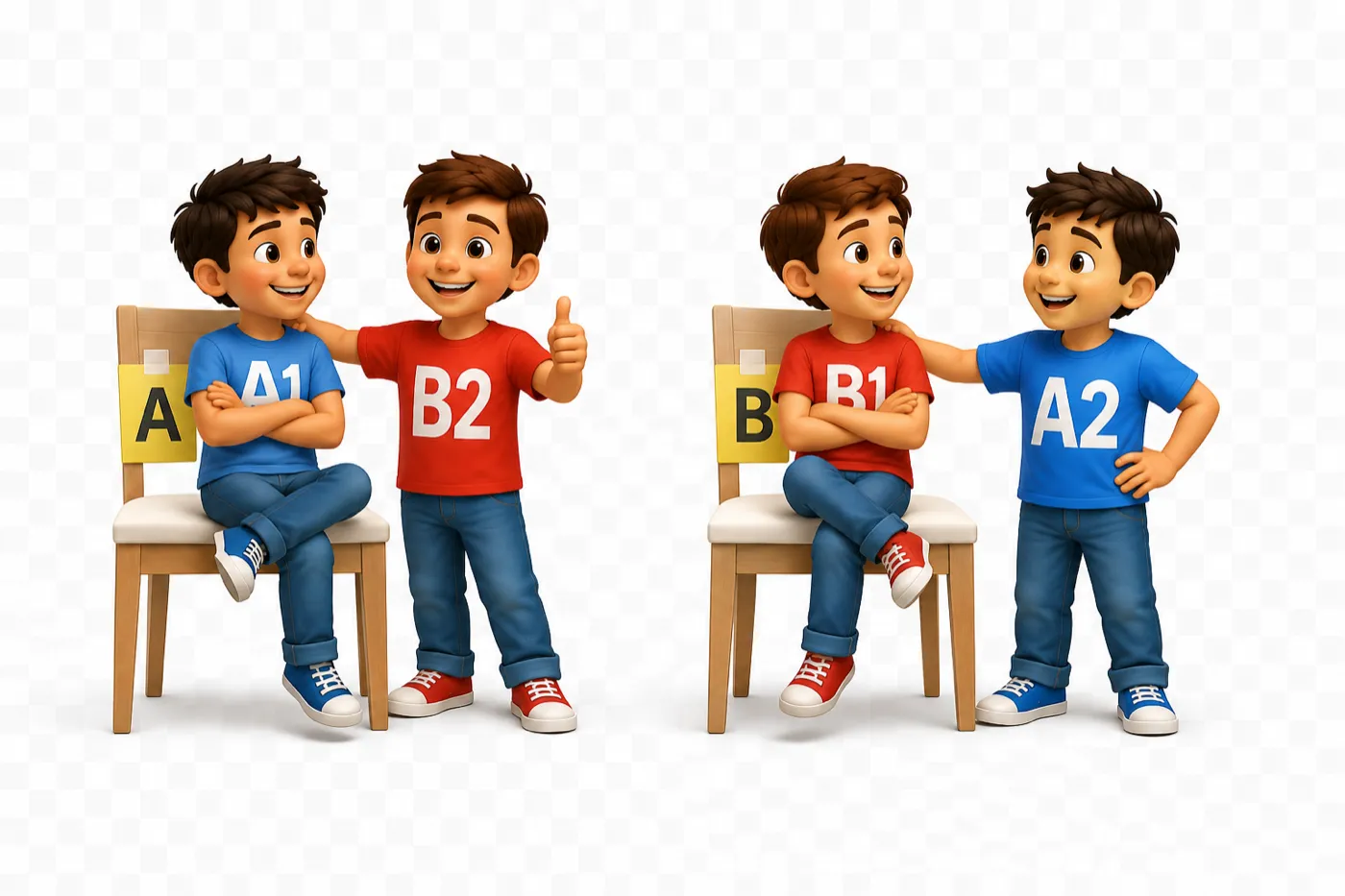 Cartoon illustration of two wooden chairs labelled A and B, each with a boy in an A or B shirt taking a seat.
